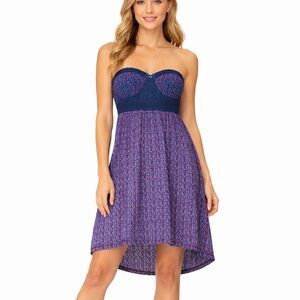 Roxy Blue Pink Strapless Empire Waist Boho Sundress Small